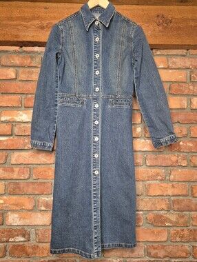 Liquid Jeans XS Denim Maxi Shirt Dress Button Front Y2K Stretch Long Sleeve